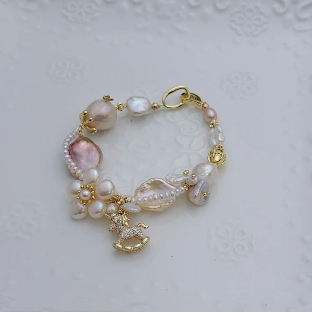 26B275 New Handmade Freshwater Baroque Bracelet 7” Gold Plated - Picture 7 of 11